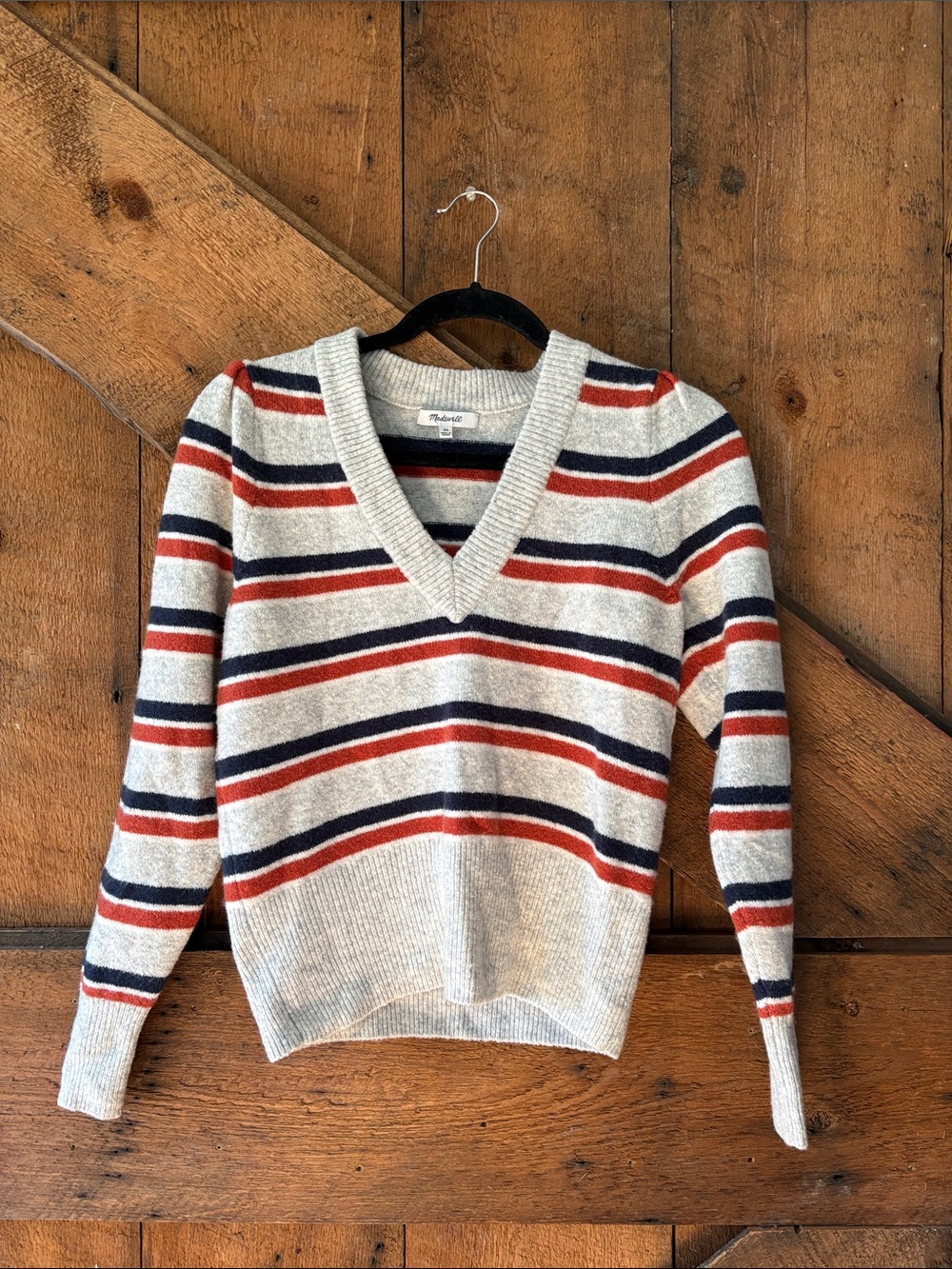 Madewell Striped V-Neck Sweater in Cream, Burnt Orange & Navy